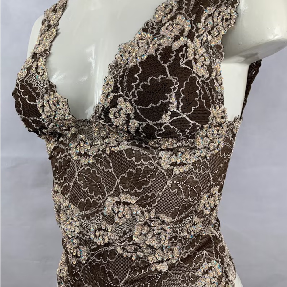 Hand Beaded Stretch Lace Tank Top